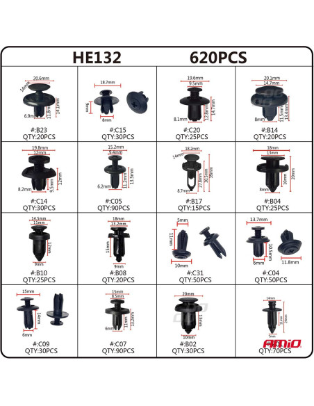 Surtido 620 clips para tapicería de PVC (16 tipos)