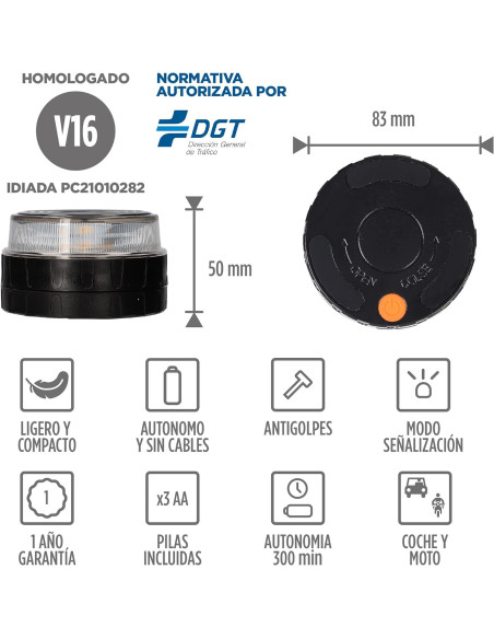 ? Baliza V16 CONTACT  homologada por la DGT, pilas incluidas, visión 360º