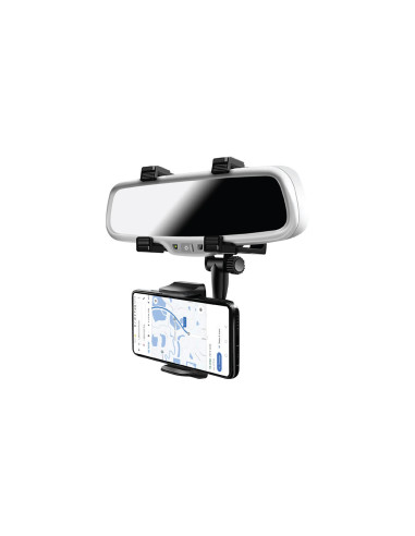 Soporte para teléfono móvil para fijación en el retrovisor del coche. Regulación ajustable de 8,90cm a 14cm de ancho.
