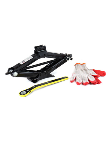 Gato de tijera de 1,5 toneladas con mango de llave y guantes de trabajo