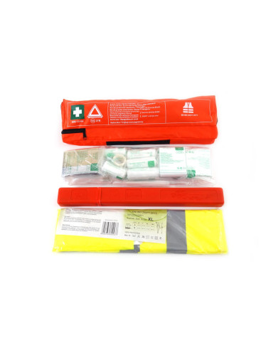 Kit de seguridad botiquín de primeros auxilios + chaleco reflectante + triángulo de emergencias