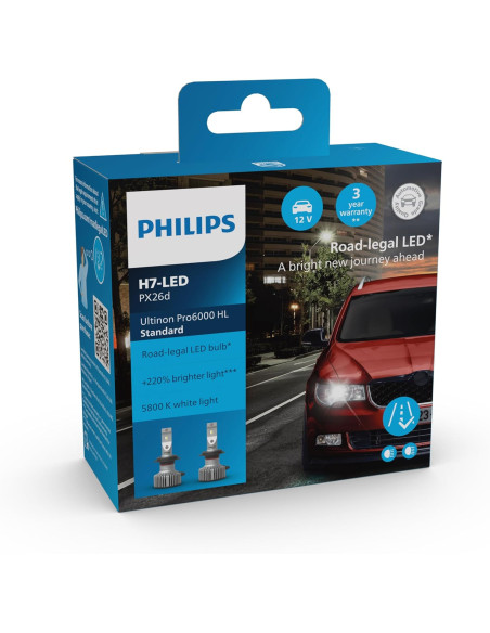 ? Bombillas LED Philips Ultinon Pro6000 H7 – Homologadas | +220% Brillo | 5800K | Pack de 2